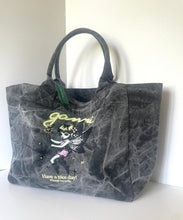 Load image into Gallery viewer, A dark gray marbled canvas tote bag with dual top handles, featuring a graphic of a fairy and the text 'gami' and 'Have a nice day! Please recycle' on the front.