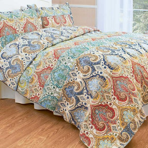 Genoa Quilt Twin Cotton Paisley Print Multicolor 68 x 86 Handcrafted Oblong