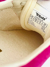 Load image into Gallery viewer, Close-up of the interior collar of a shoe showing a size label for Gola CLB58 ELAN, with cream-colored lining and a bright pink outer edge visible.
