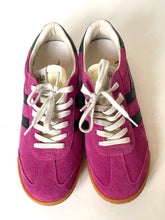 Load image into Gallery viewer, A pair of vintage-style low-top sneakers in magenta suede with white laces, black side stripes, and gum soles, photographed from above on a plain light background.