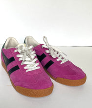 Load image into Gallery viewer, A pair of vintage-style low-top sneakers in bright pink suede with black side stripes, white laces, and brown gum soles, photographed on a plain white background.