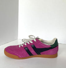 Load image into Gallery viewer, A single vintage-style low-top sneaker in magenta suede, featuring black leather side stripes, white laces, a dark green heel tab, and a brown gum sole, photographed against a plain white background.
