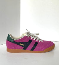 Load image into Gallery viewer, A vintage-style low-top sneaker in magenta suede with a dark green heel tab, two black side stripes, a tan gum sole, white laces, and the brand name 'Gola' printed in gold on the side.