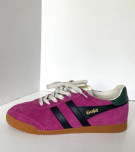 Load image into Gallery viewer, A vintage Gola sneaker in magenta suede with black side stripes, white laces, a green heel tab, and a brown gum sole, photographed on a white surface.