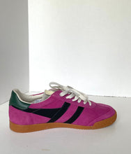 Load image into Gallery viewer, A single vintage-style low-top sneaker in magenta suede with a dark green leather heel tab, black side stripes, white laces, and a brown gum sole, photographed against a plain white background.