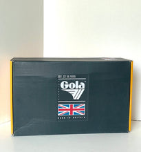 Load image into Gallery viewer, A black Gola shoebox with yellow side panels and a white logo with a Union Jack flag, set against a plain light background.