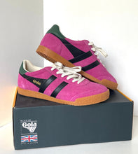 Load image into Gallery viewer, A pair of vintage Gola sneakers in pink suede with black side stripes, green heel tabs, white laces, and gum soles, displayed on top of their dark gray shoebox.