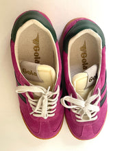 Load image into Gallery viewer, A pair of vintage Gola sneakers in magenta suede with dark green heel panels, white laces, and a cream-colored interior lining, shown from a top-down view on a white background.