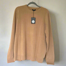 Load image into Gallery viewer, Brown sweater on a hanger with a visible brand tag against a white background