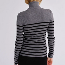 Load image into Gallery viewer, Gray turtleneck sweater with black horizontal stripes on a plain background