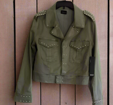 Load image into Gallery viewer, Hudson Women&#39;s Military Silver Studded Cotton Cropped Jacket, Khaki - Medium