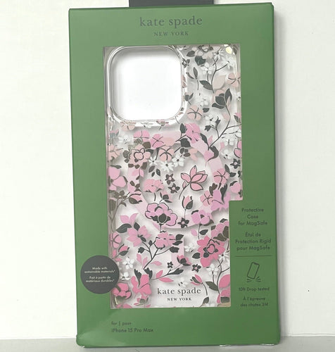 Floral phone case in packaging with 'kate spade' branding on a white background