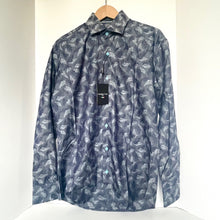 Load image into Gallery viewer, Gray patterned shirt on a hanger with a visible tag against a white background