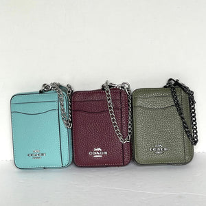 Coach Zip Card Case ID Wallet Pebbled Leather 6303 Mini Chain Strap