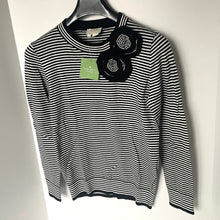 Load image into Gallery viewer, Kate Spade Women's XS Cotton Cashmere Crew Neck Sweater Black Stripe Rosette Detail