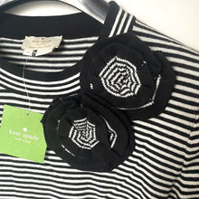 Load image into Gallery viewer, Kate Spade Women's XS Cotton Cashmere Crew Neck Sweater Black Stripe Rosette Detail