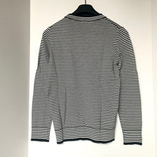 Load image into Gallery viewer, Kate Spade Women's XS Cotton Cashmere Crew Neck Sweater Black Stripe Rosette Detail