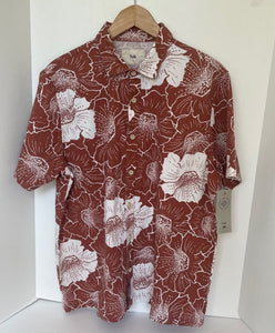 Folk Camp Shirt Mens Large Brown Floral Ivory Cotton Blend Relaxed Comfort