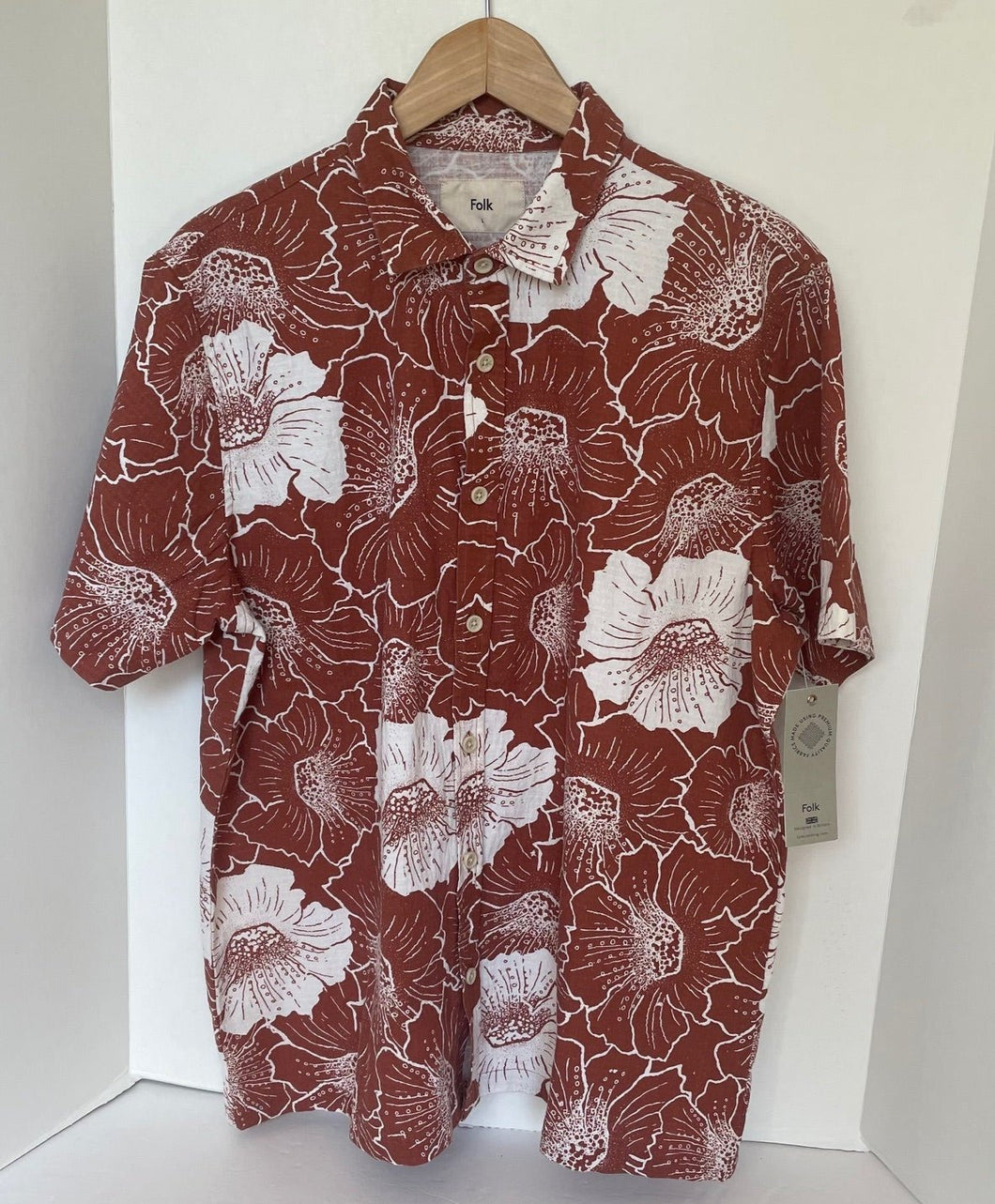 Folk Camp Shirt Mens Large Brown Floral Ivory Cotton Blend Relaxed Comfort