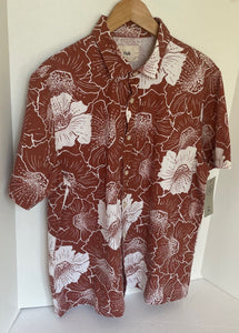 Folk Camp Shirt Mens Large Brown Floral Ivory Cotton Blend Relaxed Comfort