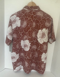 Folk Camp Shirt Mens Large Brown Floral Ivory Cotton Blend Relaxed Comfort