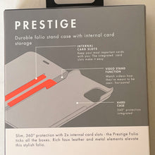 Load image into Gallery viewer, Prestige folio stand case packaging with text and diagram on a gray background