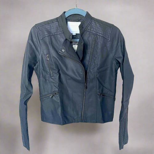 Anthropologie Jacket Womens Extra Small Gray Moto Cropped Vegan Faux Leather