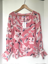 Load image into Gallery viewer, Tanya Taylor Silk Floral Top Pink Boat Neck Bell Cuff Hand Painted 4