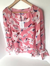 Load image into Gallery viewer, Tanya Taylor Silk Floral Top Pink Boat Neck Bell Cuff Hand Painted 4