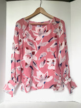 Load image into Gallery viewer, Tanya Taylor Silk Floral Top Pink Boat Neck Bell Cuff Hand Painted 4