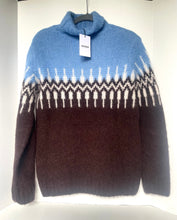 Load image into Gallery viewer, Blue and brown sweater with a pattern on a white background