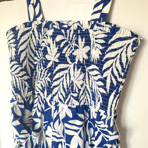 Kate Spade Tropical Foliage Smocked Jumpsuit Womens Large Blue Linen Cotton