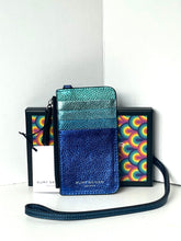 Load image into Gallery viewer, Kurt Geiger Metallic Blue Leather Eagle Head Zip Card Holder with Strap