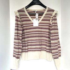 Joie Wool Cashmere Sweater Womens Large V-Neck Stripe Ruffle Beige Multi