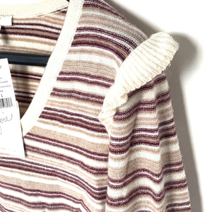 Joie Wool Cashmere Sweater Womens Large V-Neck Stripe Ruffle Beige Multi