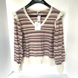 Joie Wool Cashmere Sweater Womens Large V-Neck Stripe Ruffle Beige Multi