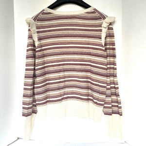 Joie Wool Cashmere Sweater Womens Large V-Neck Stripe Ruffle Beige Multi