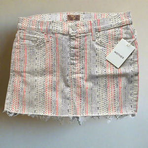 Mother Women's Straight Mini Fray Striped Cotton Denim Off White Skirt