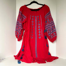 Load image into Gallery viewer, Anthropologie Ranna Gill Off The Shoulder Embroidered Peasant Red Cotton Dress S