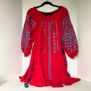 Anthropologie Ranna Gill Off The Shoulder Embroidered Peasant Red Cotton Dress S