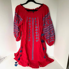Load image into Gallery viewer, Anthropologie Ranna Gill Off The Shoulder Embroidered Peasant Red Cotton Dress S