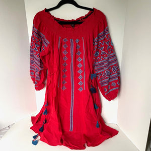 Anthropologie Ranna Gill Off The Shoulder Embroidered Peasant Red Cotton Dress S