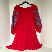 Load image into Gallery viewer, Anthropologie Ranna Gill Off The Shoulder Embroidered Peasant Red Cotton Dress S