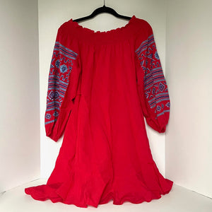 Anthropologie Ranna Gill Off The Shoulder Embroidered Peasant Red Cotton Dress S