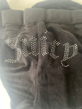 Load image into Gallery viewer, Juicy Couture Black Velour Rhinestone Logo Flare Pants Womens L Y2K