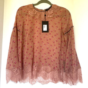 The Kooples Floral Beaded Lace Top Womens Pink Bell Sleeve Boho Blouse