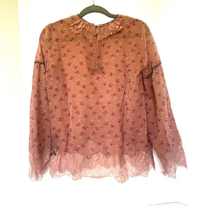 The Kooples Floral Beaded Lace Top Womens Pink Bell Sleeve Boho Blouse