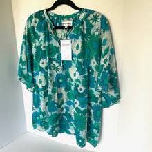 Load image into Gallery viewer, Antik Batik Floral Cotton Voile Top Womens Medium Blue 70s Flutter Sleeve Summer