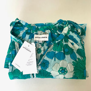 Antik Batik Floral Cotton Voile Top Womens Medium Blue 70s Flutter Sleeve Summer