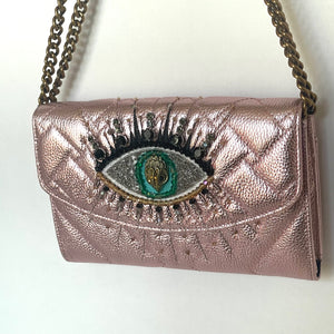 Kurt Geiger Kensington Clutch Pink Metallic Quilted Eye Crossbody Chain Wallet